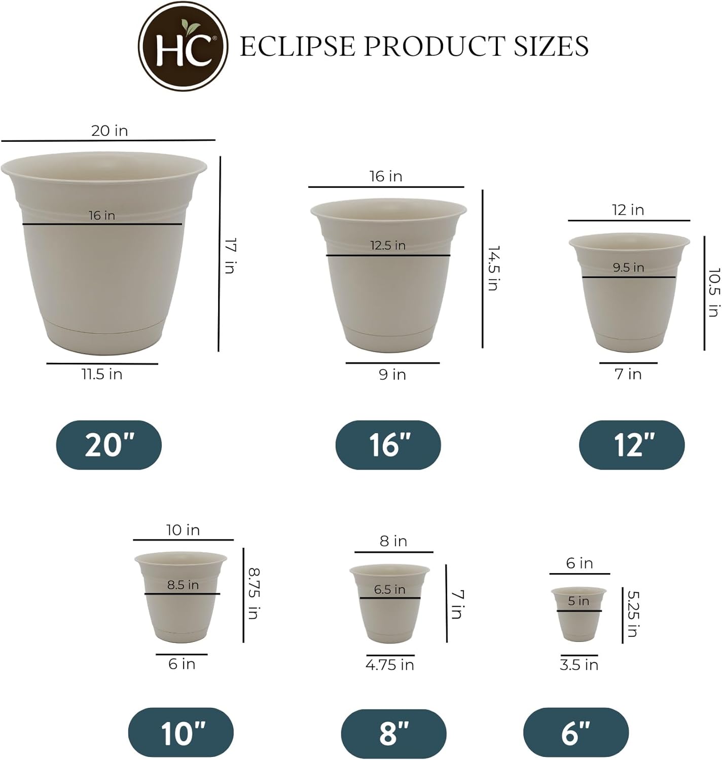 The HC Companies Eclipse Round Planter with Saucer - Outdoor & Indoor Plant Pot with Drainage Holes - Lightweight, UV-Resistant Plastic Pots for Plants, Flowers & Herbs (6” Cottage Stone, Pack of 1)
