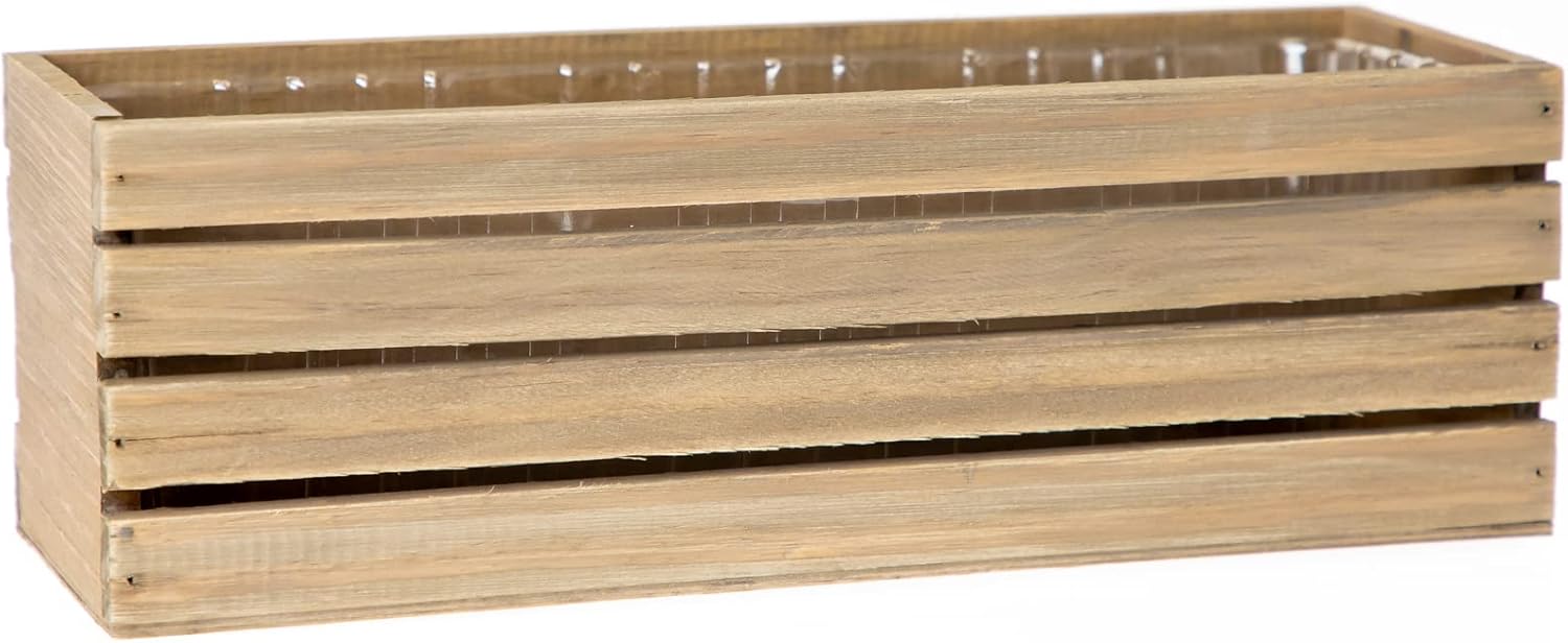 Wood Planter Box with Wine Crate Styled, 12x4 Inch Rectangular, Rustic Barn Wood, Plastic Liner, Wedding Flowers Holder, Home and Venue (12x4 Wine Crate Set of 4, Natural)