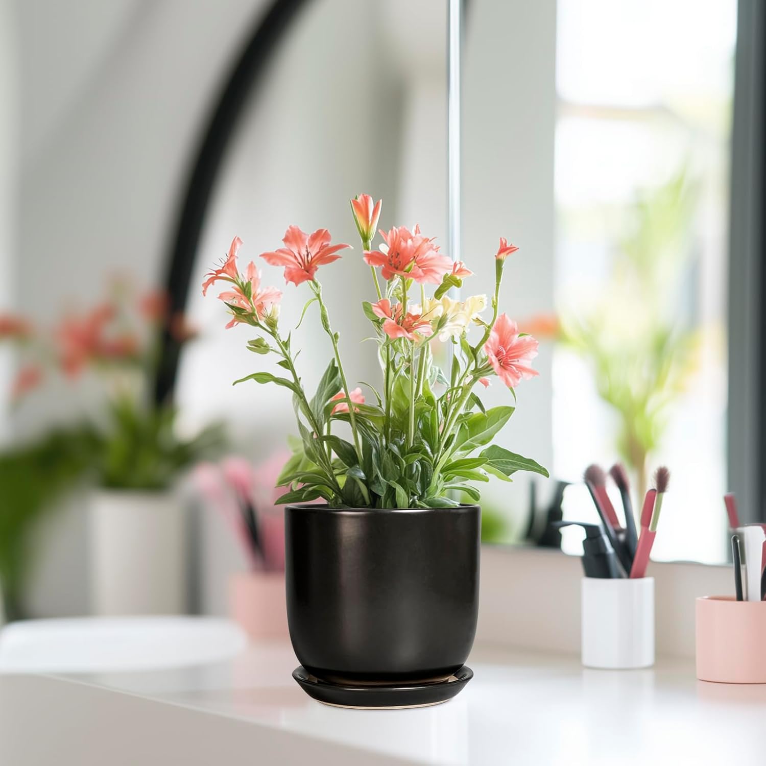 Ceramic Pot for Plants 5 Inch - Modern Round Indoor Planter for Cactus Succulent Plants with Drainage Hole and Saucer, Home Room House Office Decor, Black