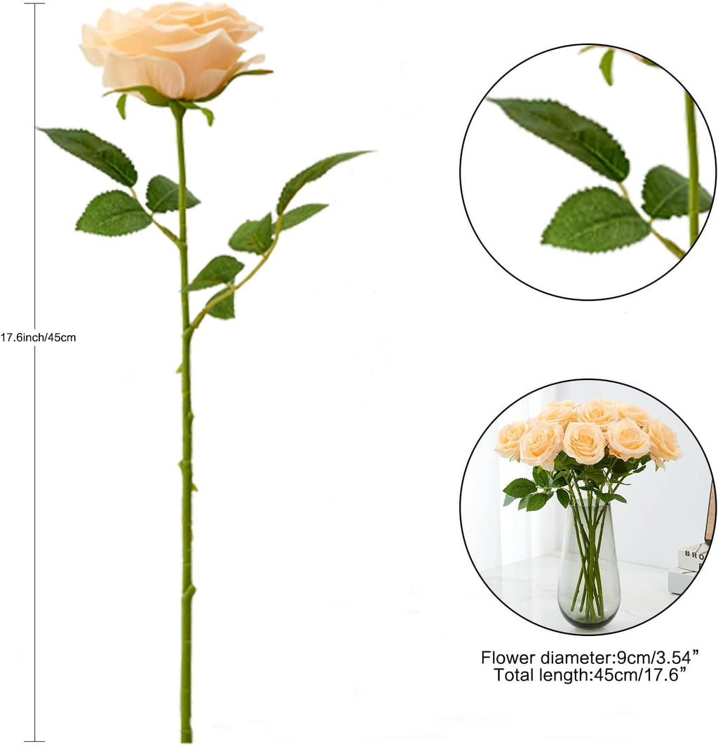 Artificial Rose 10pcs Open Flower Bouquet Faux Rose Stems for Wedding Arrangement, Bridal Bouquet, Centerpiece, Fake Faux Silk Flowers (Champagne)