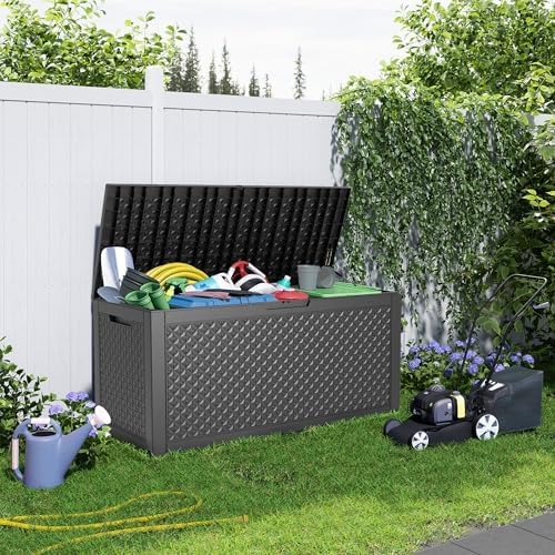 100 Gallon Waterproof Outdoor Storage Box,Resin Deck Box,Lockable Outside Storage Box Container for Patio Furniure,Garden,Pool Tools (100 Gallon,Black pattern)