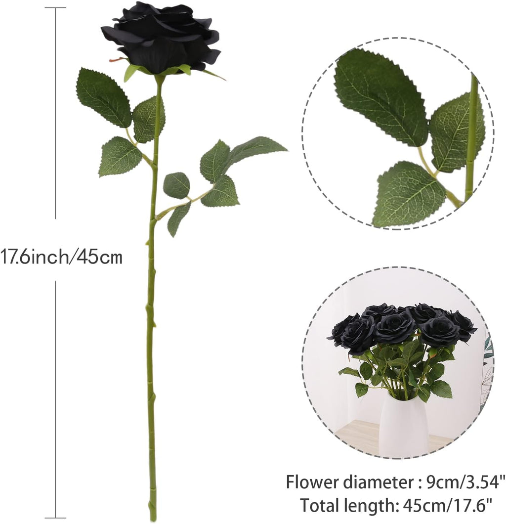 Artificial Rose 10pcs Open Flower Bouquet Black Faux Rose Stems for Wedding Arrangement, Bridal Bouquet, Centerpiece, Fake Faux Silk Flowers