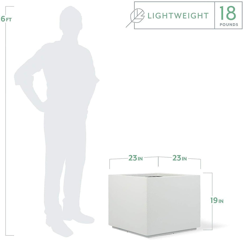 PolyStone Monterray Modern Outdoor/Indoor Square Planter, 23" L x 23" W x 19" H, Lightweight, Heavy Duty, Weather Resistant, Polymer Finish, Commercial Grade and Residential (White)