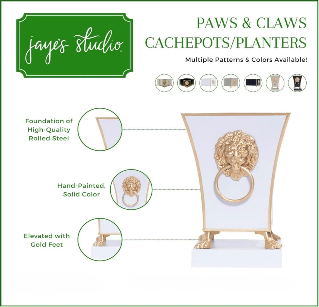 Jaye's Studio Regency Line, Paws & Claws, Decorative Square Cachepot & Planter, Gold Trim & Finish, Hand-Painted, Handcrafted Metal, Luxury Indoor Planter, Size 5x5x9 (White)