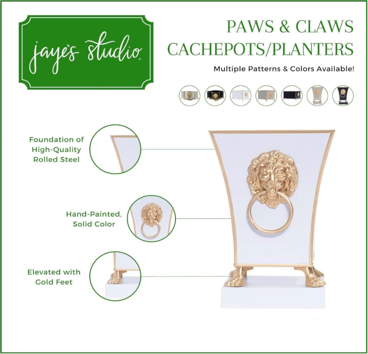 Jaye's Studio Regency Line, Paws & Claws, Decorative Square Cachepot & Planter, Gold Trim & Finish, Hand-Painted, Handcrafted Metal, Luxury Indoor Planter, Size 5x5x9 (White)