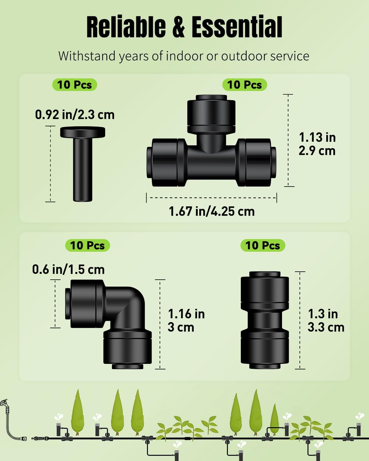 Pawfly 40 Pcs Quick Connect Drip Irrigation Fittings Kit for 1/4" Tubing, Push-to-Fit Drip Line Connectors Set with 10 Tees, 10 Couplings, 10 Elbows & 10 End Plugs, Anti-Leak Drip Irrigation Parts