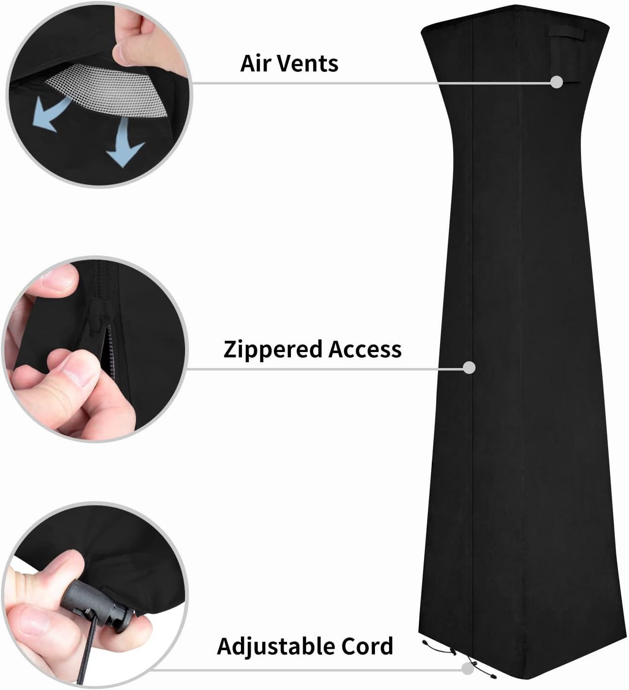 Easy-Going Pyramid Torch Patio Heater Cover with Zipper and Storage Bag, Waterproof Outdoor Heater Cover Dustproof, UV-Resisant, Wind-Resistant (90" H x 23" L x 23" W, Black)