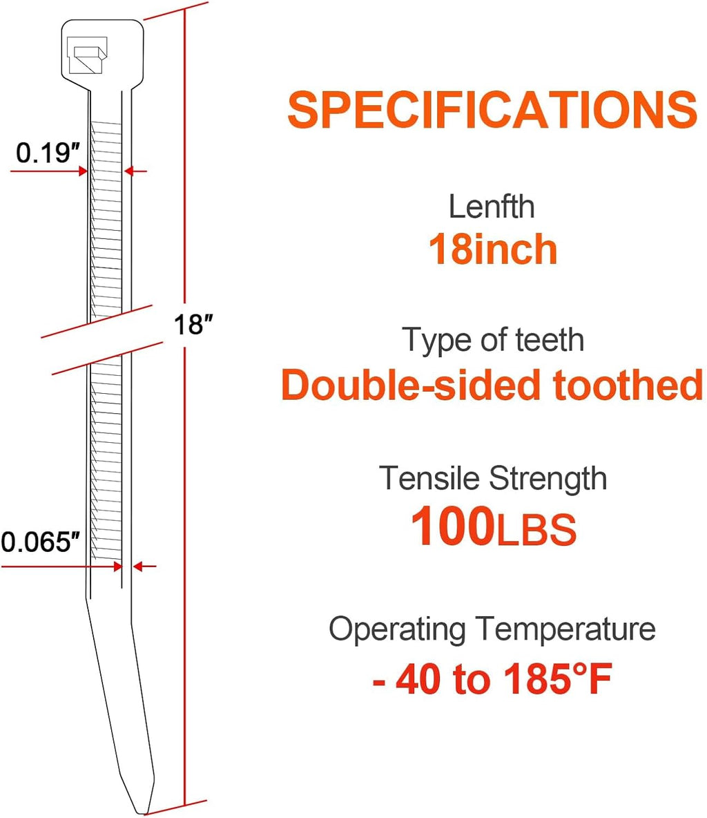 18 Inch Zip Ties Double Sided Toothed,100 LBS Tensile Strength Heavy Duty Cable Wire Ties With Self-Locking Adjustable More Durable Nylon Tie Wraps for Indoor Outdoor（200 Pack）