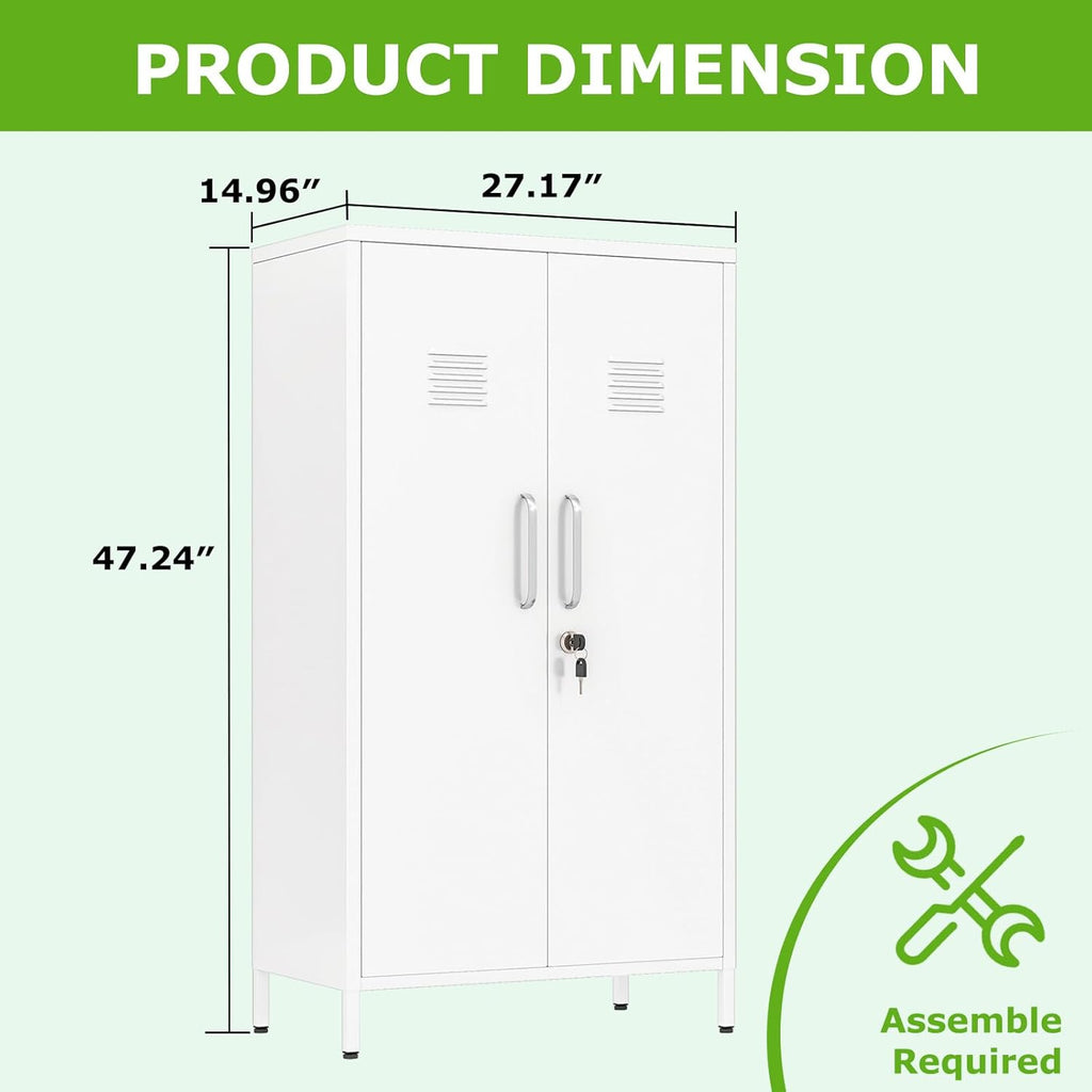 47" Metal Storage Locker, Lockable Employees Metal Locker with 2 Door and Adjustable Shelves, Steel Locker for Home, School, Office, Gym (White)