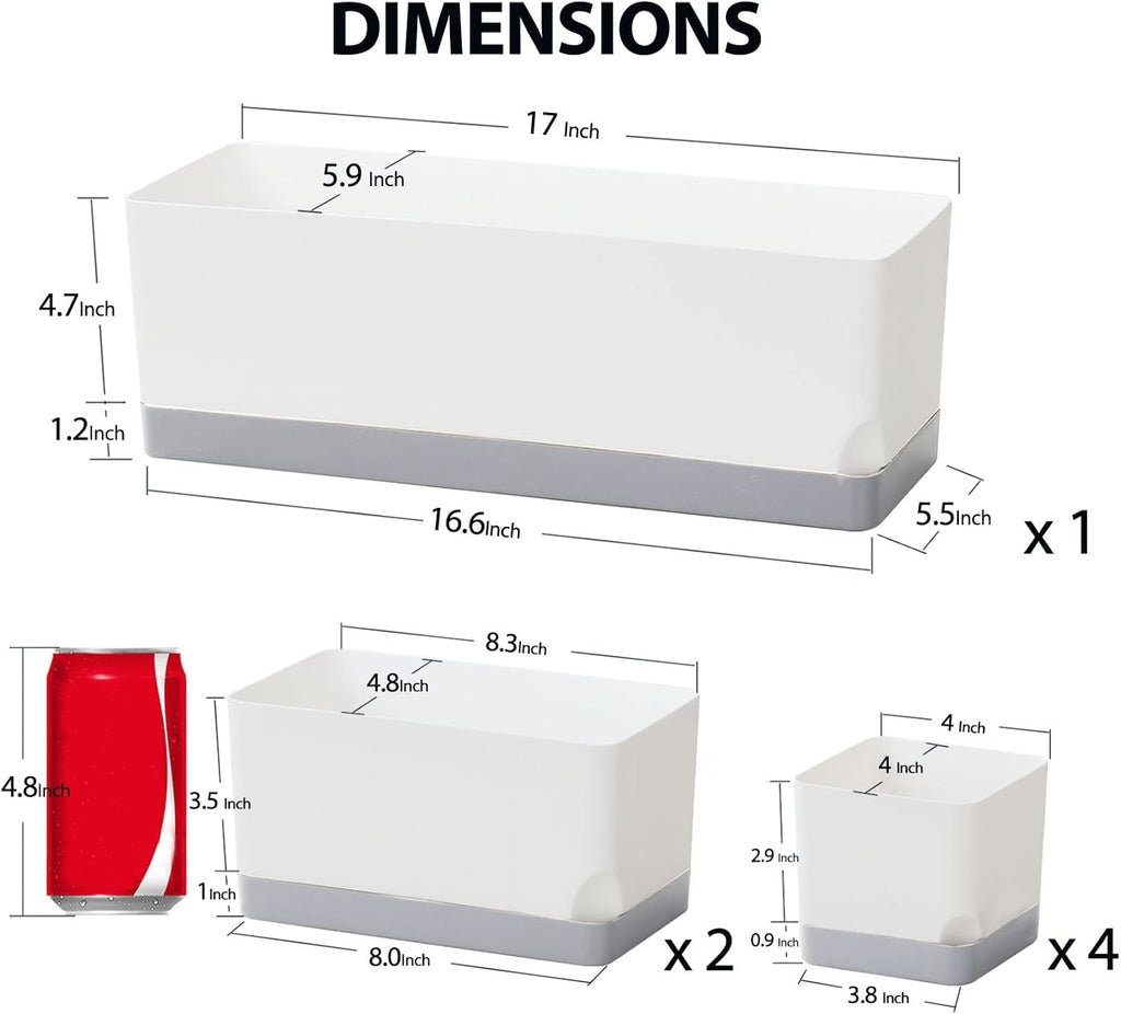 Self Watering Planters Pots for Indoor Plants, 7 Pack Plastic Planter Box Flower Pots for Indoor Outdoor Plants, Rectangle Herb Planter Window Boxes Planterswith Drainage, Light Gray Tray