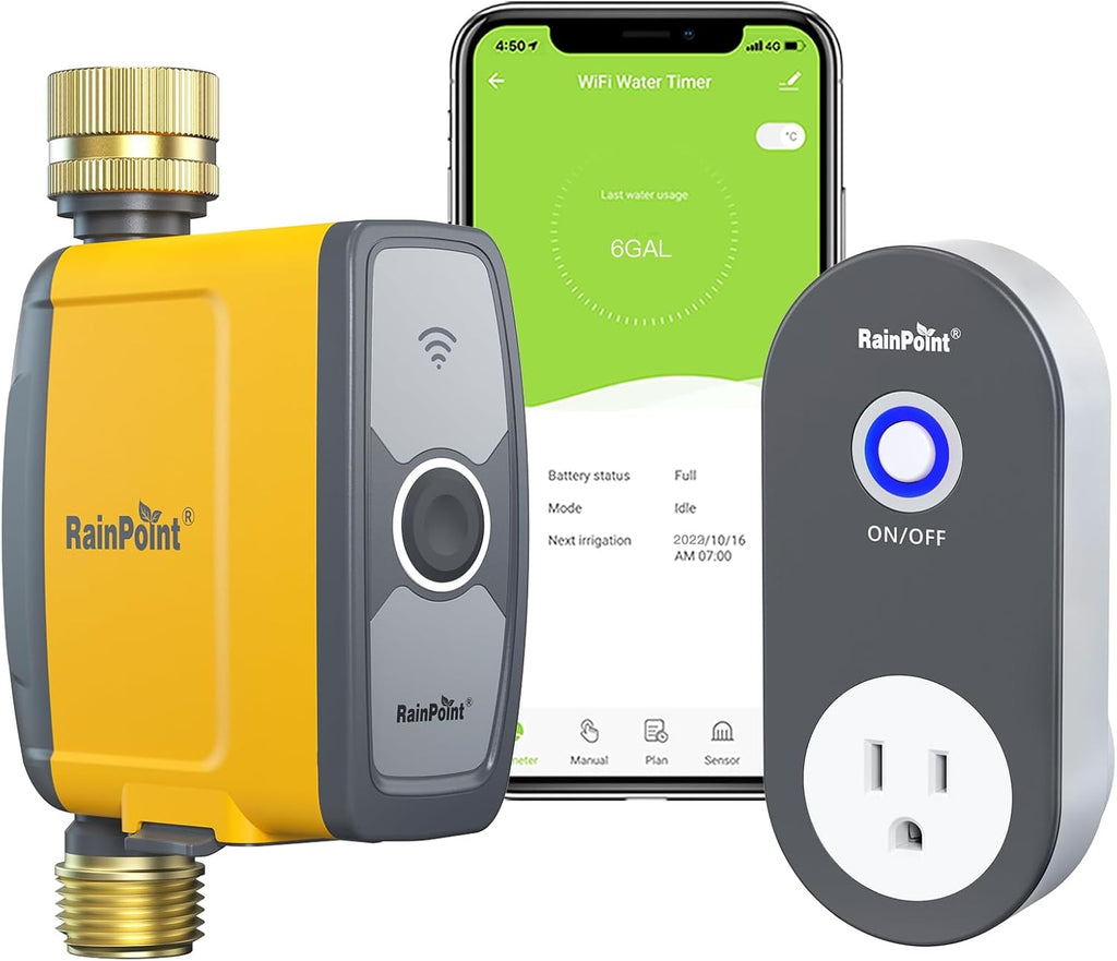 RAINPOINT WiFi Water Timer, Smart Hose Timer for Garden Hose, WiFi Irrigation Controller, Smart Sprinkler System Valve, APP & Voice Control, Weather-Based Automatic Rain Delay, Brass Inlet & Outlet