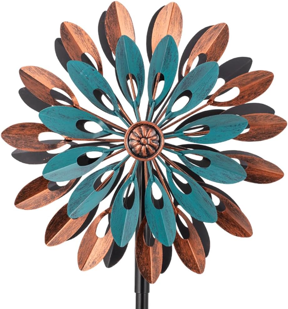 VEWOGARDEN 360° Outdoor Metal Wind Spinners Kinetic Wind Sculptures & Spinners for Yard Garden Lawn Patio Decorations, Blue & Bronze