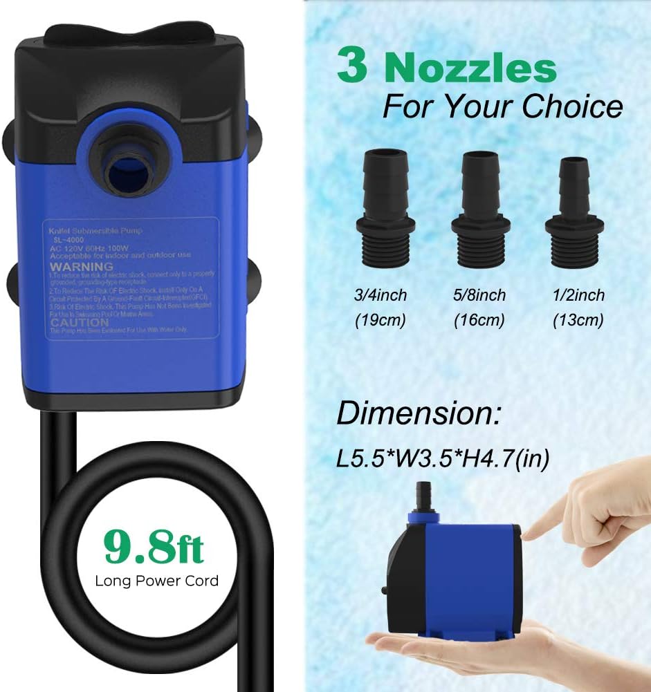 Submersible Pump 1056GPH (4000L/H 85W) Ultra Quiet with Over Heating Protection 9.8ft Power Cord for Fountains, Hydroponics, Ponds, Aquariums & More…