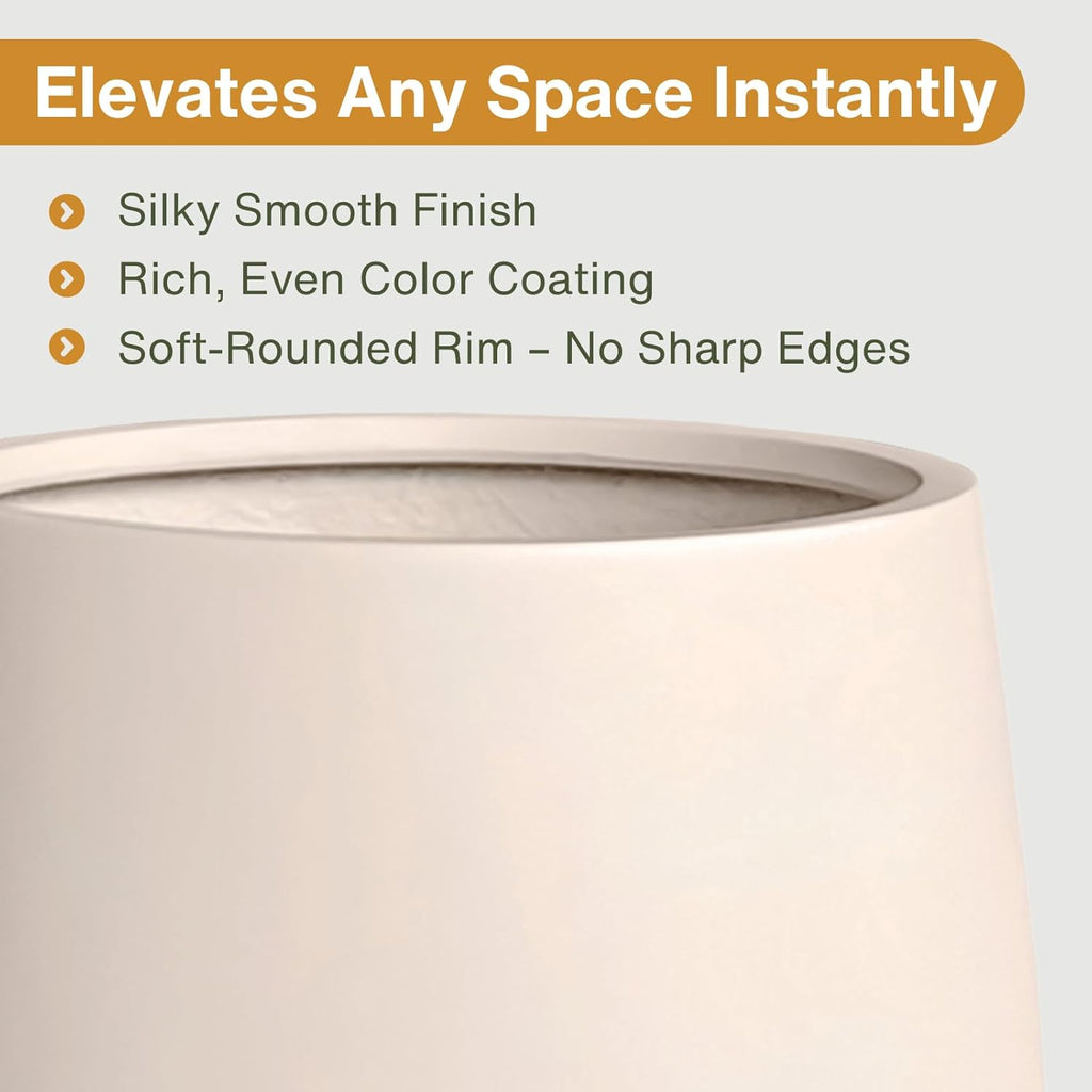 12.5" H x 11.4" D Corso Fiberstone Round Tapered Planter with Drainage Hole, Smooth Finishes, Weather Resistant for Indoor and Outdoor Use (Kilim Beige, 9" Pot Opening)