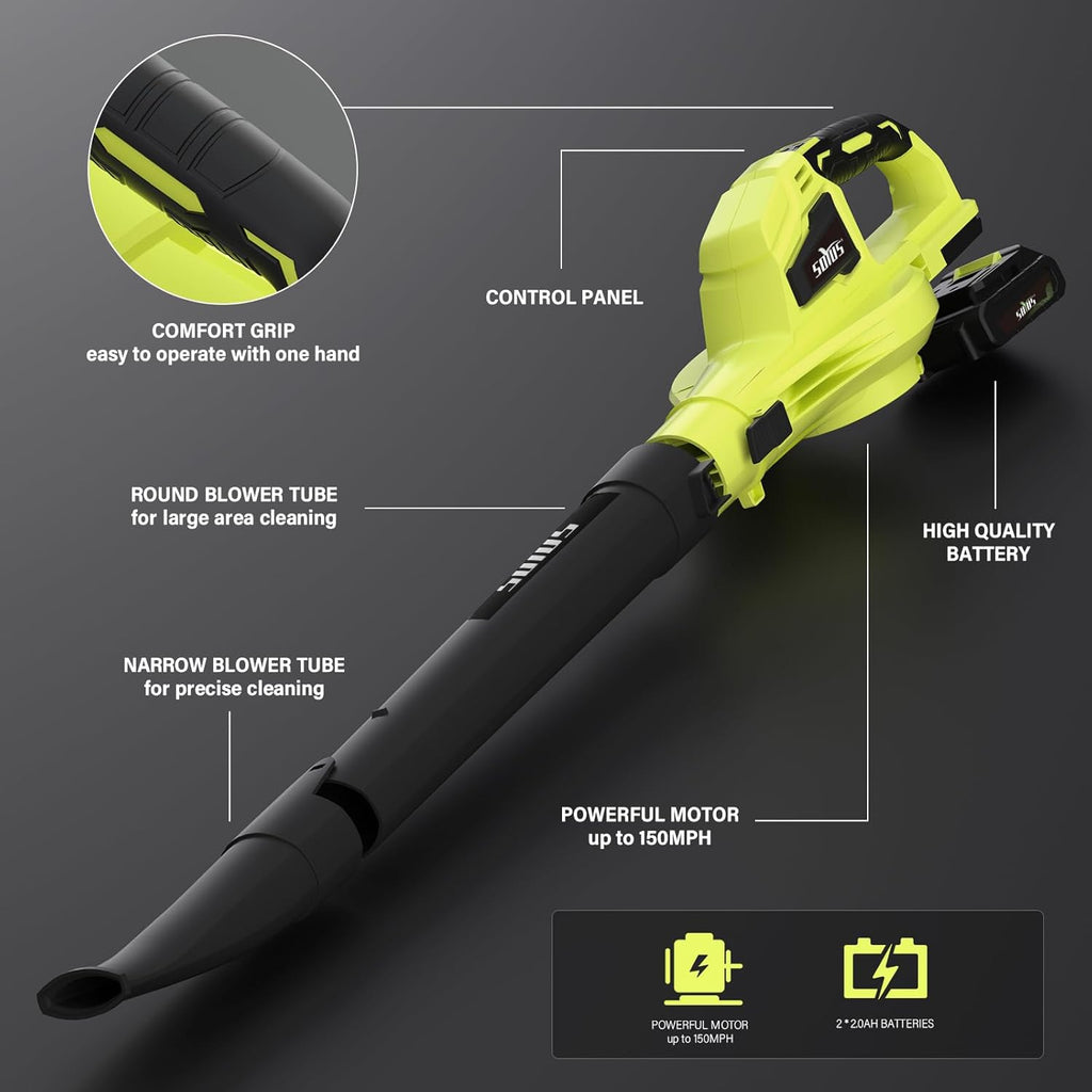 SOYUS Leaf Blower, 20V Leaf Blower Cordless with 2x2.0Ah Battery and Charger, 150 MPH Electric Leaf Blowers with Two-Speed Mode, Blowers for Lawn Care, Debris Dust Cleaning(Green)