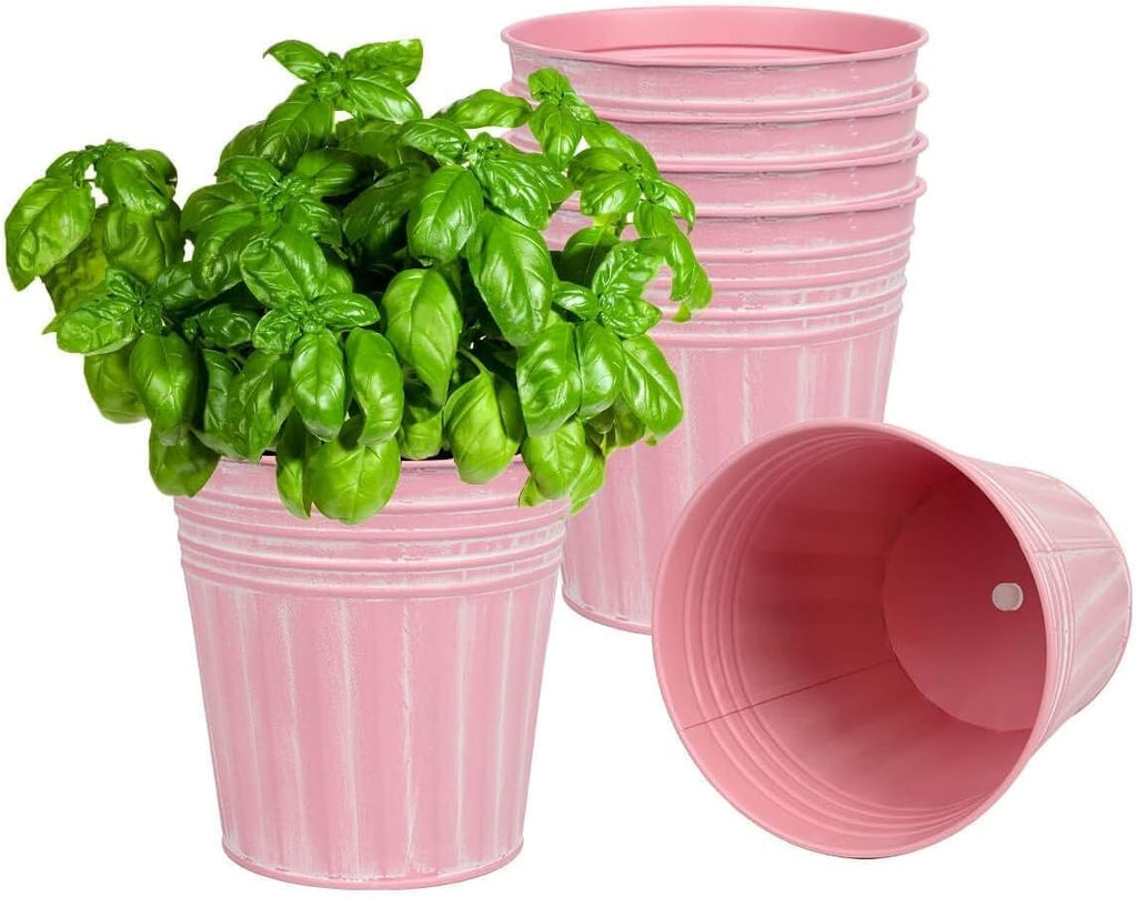 6 Inch Pink Metal Rustic Flower Pots - 6Pcs Medium Galvanized Planters with Drainage Hole and Rubber Plug, Rustproof Metal Bucket Plant Pots Farmhouse Vintage Style for Decor