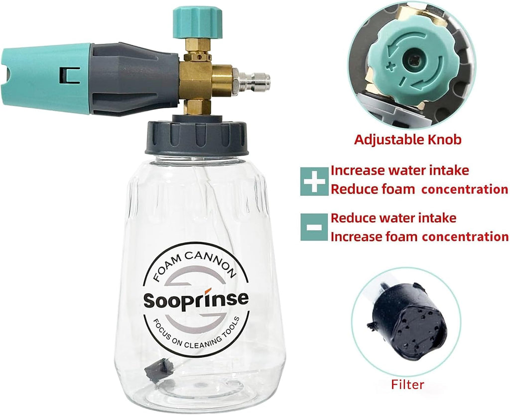 Sooprinse Short Pressure Washer Gun With Foam Cannon, High Pressure Snow Foam Lance, 1/4 Inch Quick Connector, Power Washer Blaster, Car Wash Mitt, 3000 PSI, 1 Liter