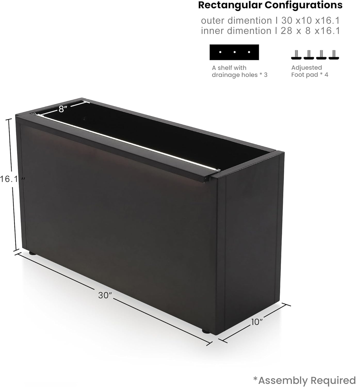 GSK 30" L Black LED Metal Planter Flower Box Vibe LED Lighting Strips ×2 Galvanized Steel Trough Shelf Grow Drainage Holes Indoor Space Rectangular Outdoor Patio Garden Decor Plant Herbs Houseplants