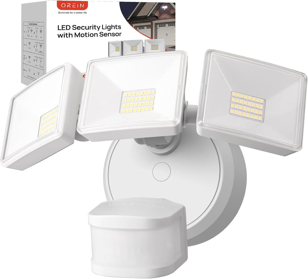 OREiN 6500LM/42W Flood Lights Outdoor, 180°/75FT Motion Sensor Outdoor Lights 4 Modes Dimmable Dusk to Dawn Floodlights IP65 Waterproof for 6000SQ.FT Area for Big Patio, Driveway, White (Hardwired)