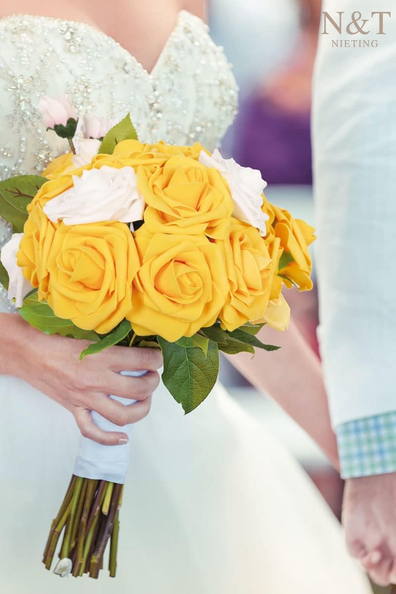 N&T NIETING Artificial Flowers, 50Pcs Fake Flowers Roses Perfect for DIY Wedding Bouquets Centerpieces Bridal Shower Party Home Flower Arrangement Decorations, Gold