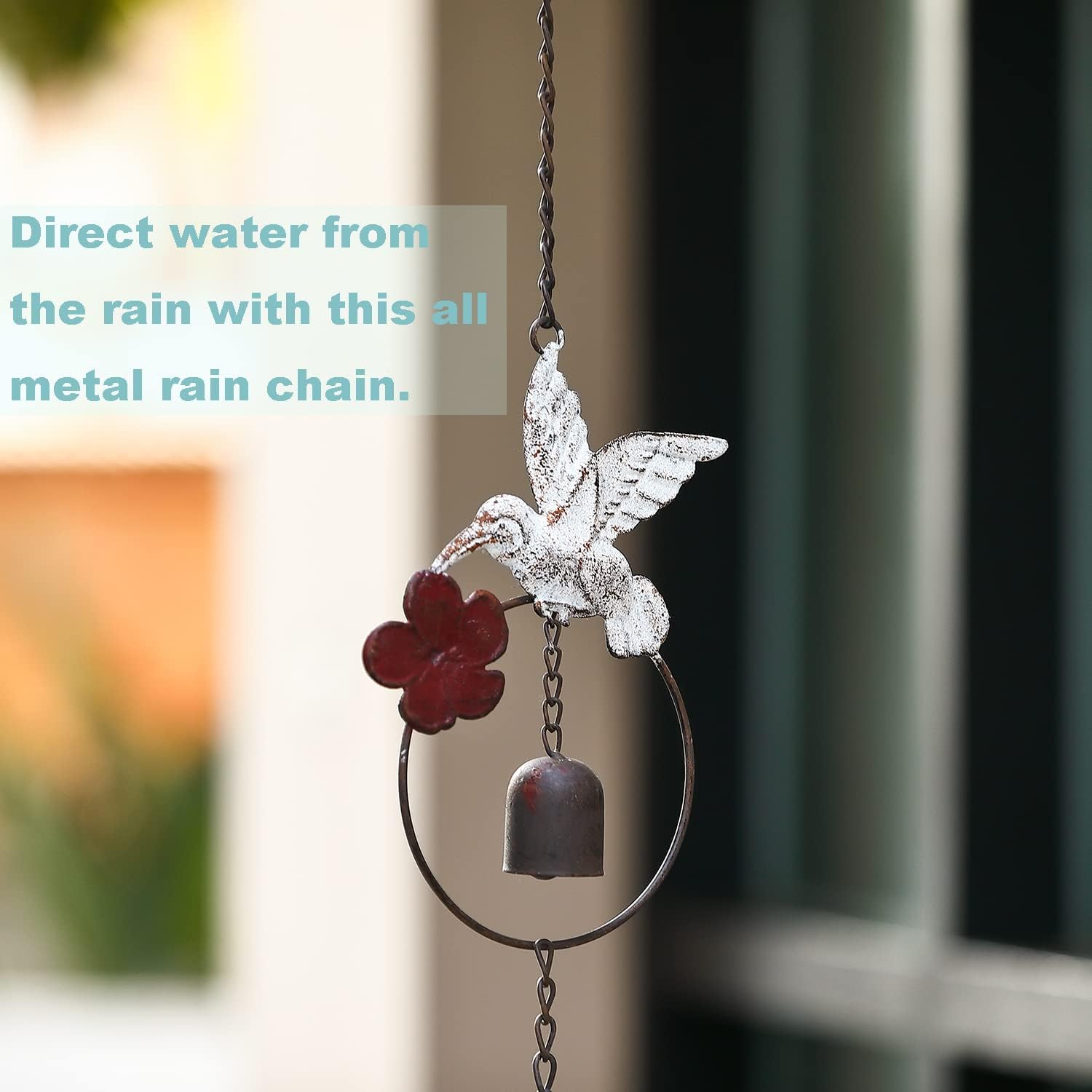 Jemeni 8.5' Length Flamed Hummingbird and Bell Rain Chain, Hanging Outdoor Garden Ornament, Colorful……