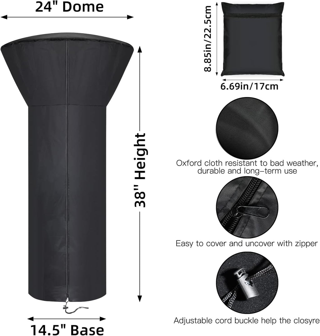 Patio Tabletop Heater Covers with Zipper and Storage Bag,Waterproof,Dustproof,Wind-Resistant,Sunlight-Resistant,Snow-Resistant,Black,38'' Height x 24" Dome x 14.5" Base