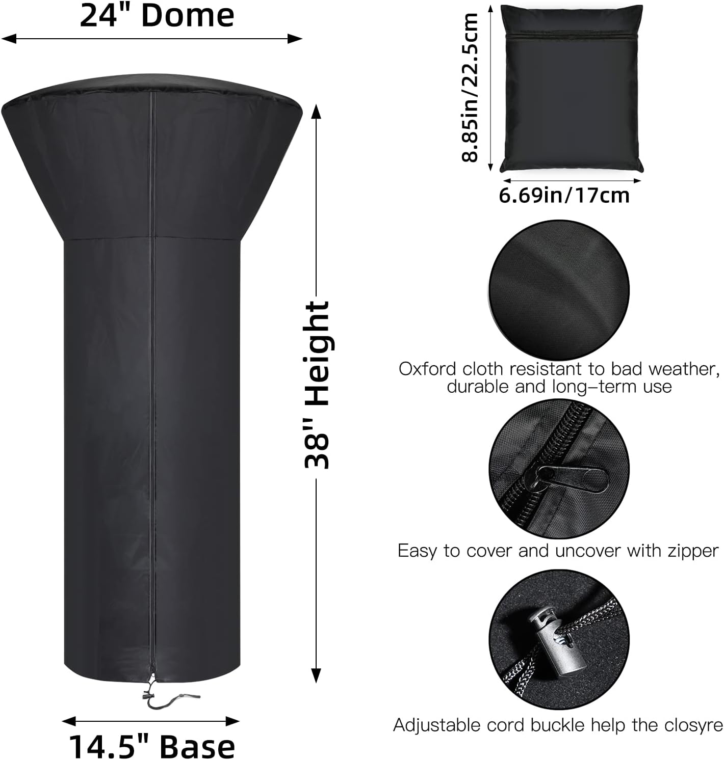 Patio Tabletop Heater Covers with Zipper and Storage Bag,Waterproof,Dustproof,Wind-Resistant,Sunlight-Resistant,Snow-Resistant,Black,38'' Height x 24" Dome x 14.5" Base