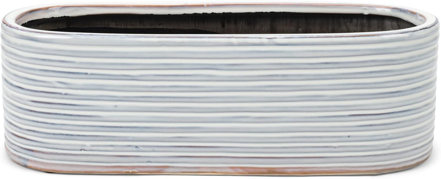 Napco Distressed White Ribbed Oval 15 x 6 Ceramic Table Top Planter