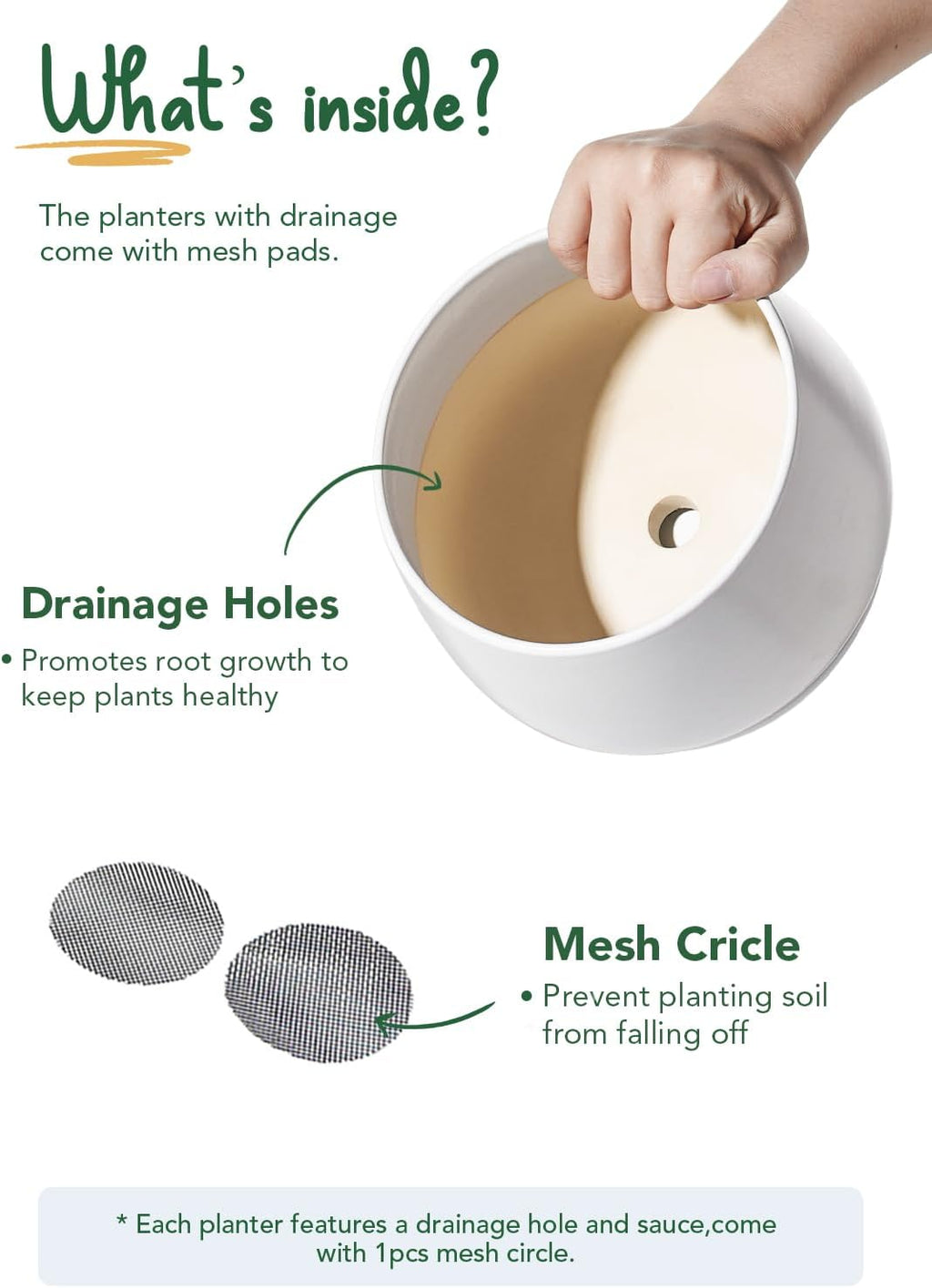 LE TAUCI Ceramic Plant Pots, 4.1+5.1+6.5 inch, Set of 3, Planters with Drainage Hole and Saucer, Indoor Flower Pot with Hole Mesh Pad, Gifts for Mom, White