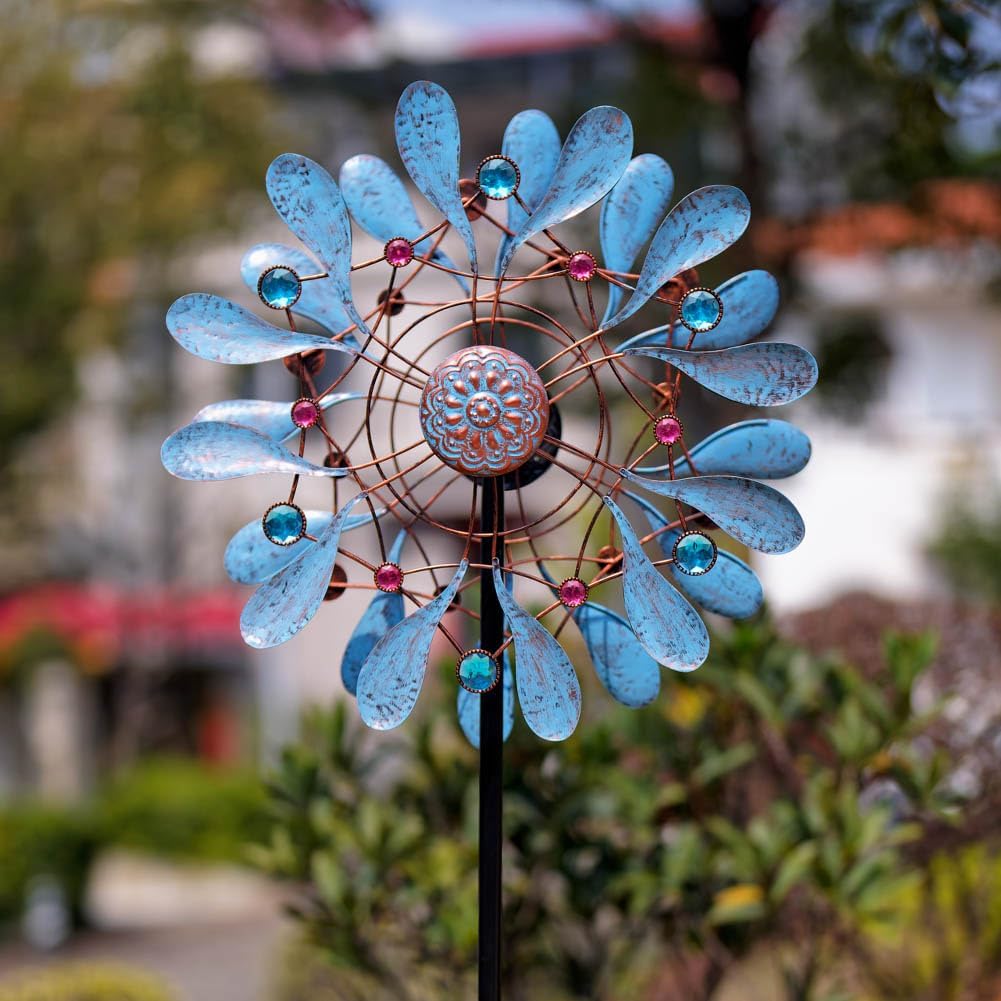 Stargarden Wind Spinners Outdoor, Large Kinetic Wind Spinner, Waterproof Blue Pinwheels with 4 Sturdy Stake, Metal Windmill for Yard, Porch Decor (21 * 90 Inches)
