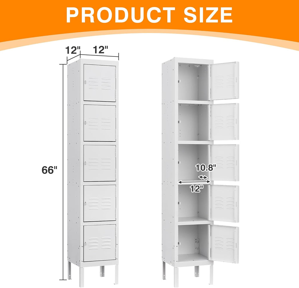 Metal Lockers for Employees, Steel Storage Locker with 5 Doors for Home, Office, School, Gym (White)
