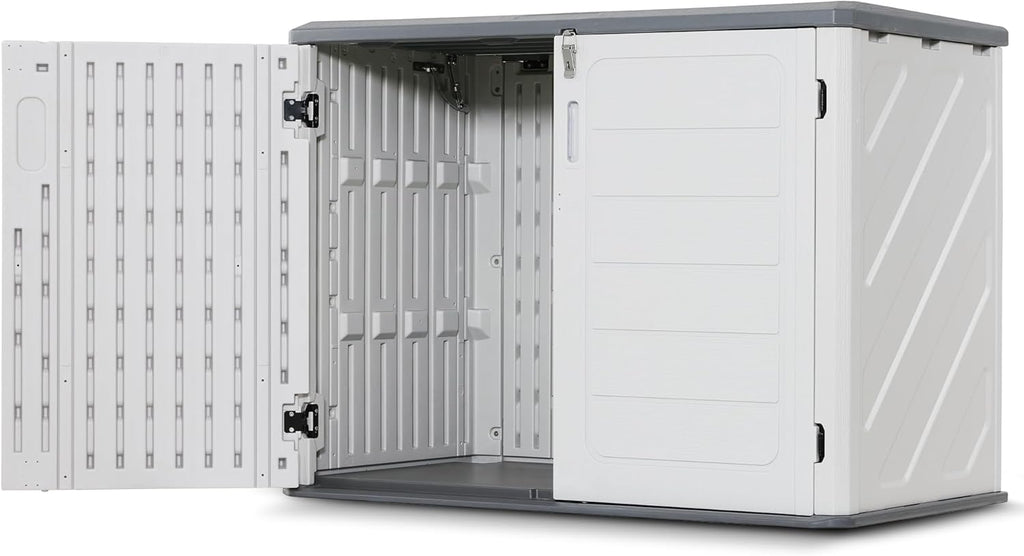 Macrout 25 Cu.Ft Small Plastic Outdoor Storage Cabinet with Floor, 4.3 x 2.5 ft Waterproof Resin Outdoor Storage Shed, Lockable Horizontal Shed for Garden and Patio