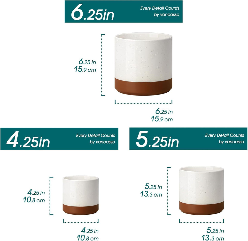 vancasso Ceramic Plant Pots, 4.25+5.25+6.25 Inch Planter Pot with Drainage Hole, Flower Pots for Indoor Outdoor Plants, Set of 3, Khaki
