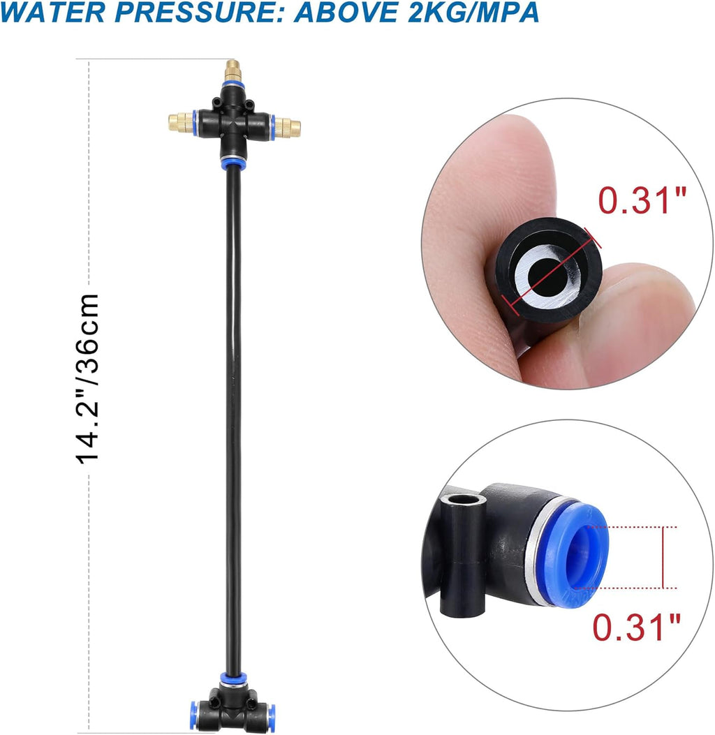Mornajina 3Packs 3 Way Brass Misting Nozzles Tee with 13inch Built in Hose for Outdoor Cooling System, Adjustable 360° Rotation, Water Mister Nozzles Thread Sprayer 0.043" (1.1 mm)