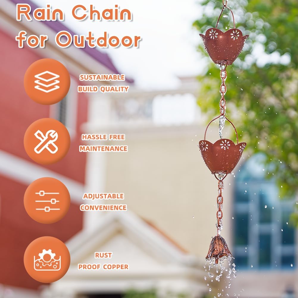 8.2 ft Rain Chain, Lotus Rain Chains for Gutters with 10 Cups, Adjustable Copper Rain Catcher Chains with Bell for Gutters, Eaves, Drainage, Replacement Downspout