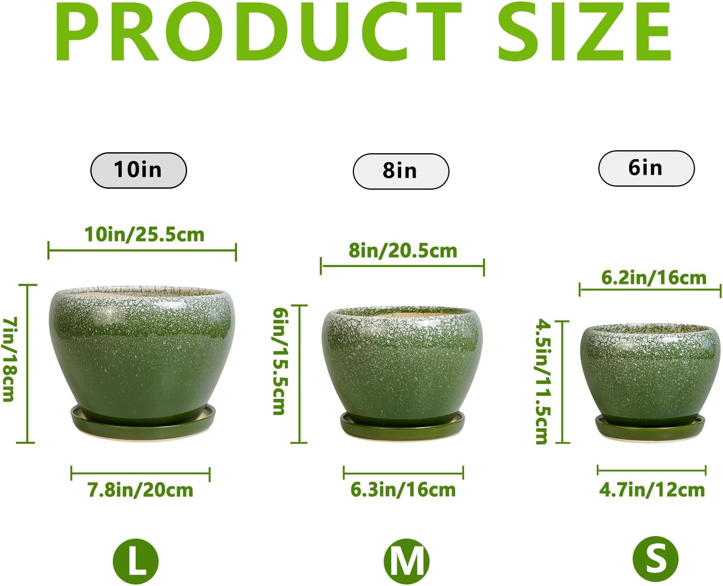 Ceramic Pots for Plants, 10+8+6 Inch Round Decorative Planters for Indoor Outdoor with Drainage Holes and Saucers, Office Garden Room Patio Decor, Gifts for Plant Lovers, Set of 3, Green
