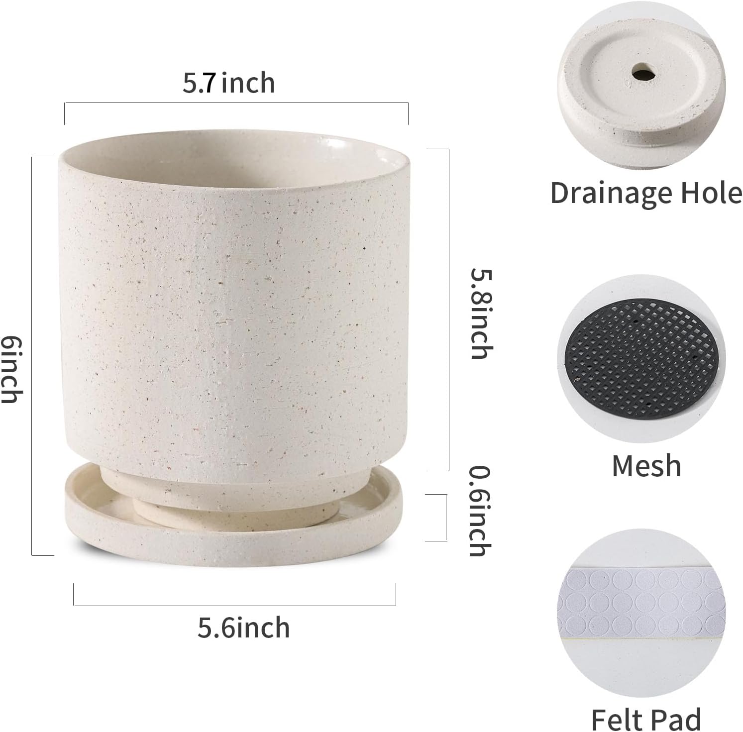 Nihow 5.7 Inch Plant Pot, Ceramic Pots for Plants with Drainage Hole and Saucer, Plant Pots Indoor for Home Garden Patio Office, Cylinder Planters for Indoor Plants, White