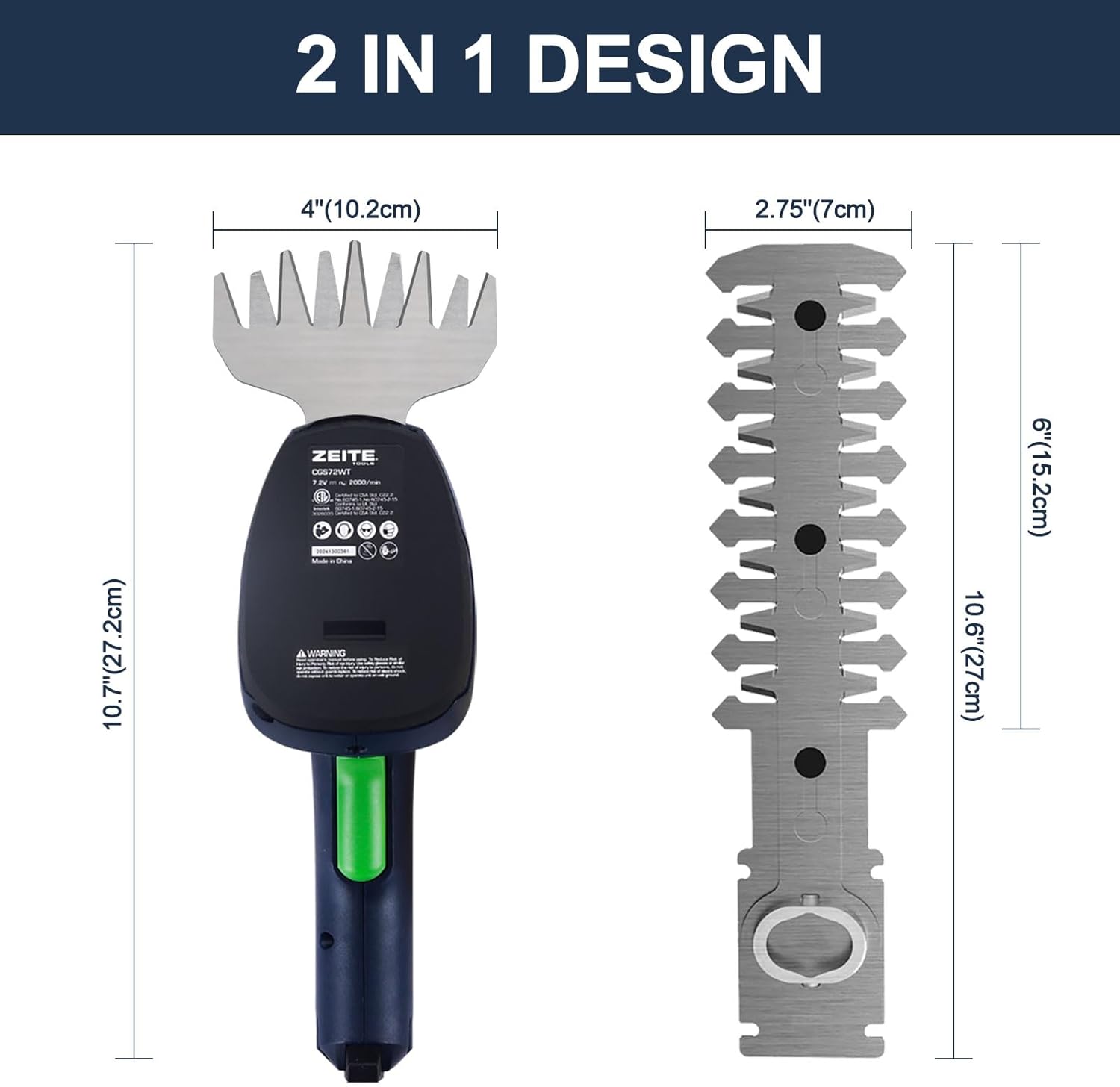ZEITE 7.2V Grass Shear & Shrubbery Trimmer, 2-in-1 Cordless Grass Cutter and Mini Hedge Trimmer, Rechargeable Li-ion Battery and Charger,Long Handle,Versatile Garden Tool for Grass & Bush Trimming