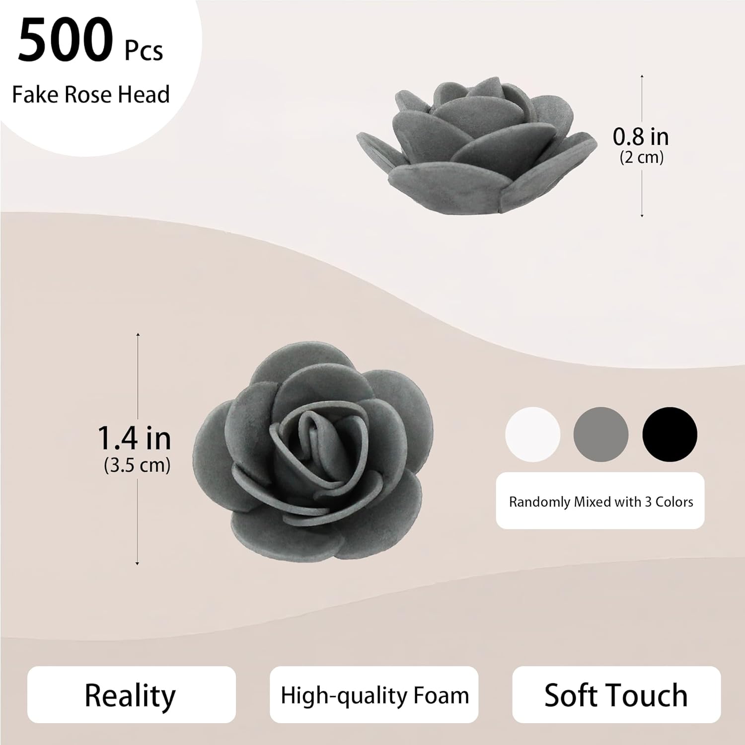 500 Pcs 1.4 Inch Mini Artificial Flowers Head Bulk 5 in 1 Set Faux Foam Fake Small Rose Tiny Baby Flores Bouquet Cake Gift Home Decoration DIY Craft (Black, Gray, White Mixed)