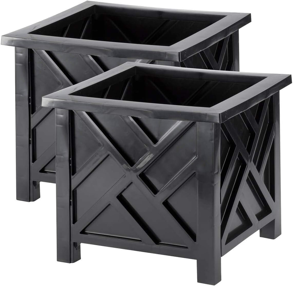 Miles Kimball Set of 2 Chippendale Planter Boxes, Black, Outdoor Décor – Plant Holder for Garden, Patio and Lawn, Weather-Resistant Polypropylene – 14 ¾” sq. x 13 ¼ H Overall