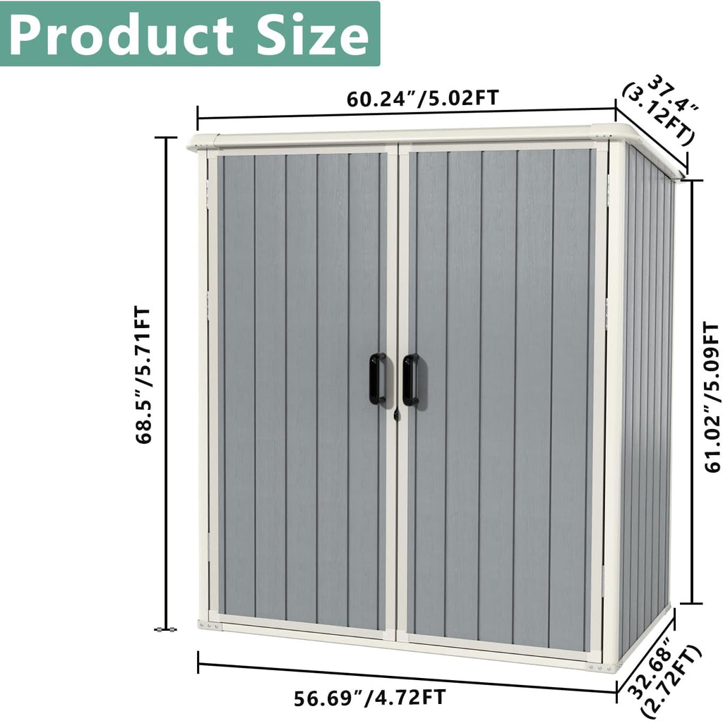 Aoxun Outdoor Storage Shed 5 x 3FT, Resin Shed with Floor and Lockable Door, Plastic Sheds for Garbage Can, Tool, Accessories, Lawn, Garden - Grey