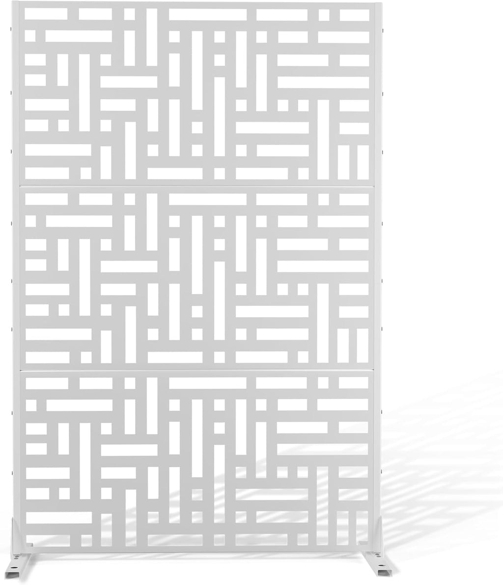 Metal Privacy Screen Outdoor 72" H×47" W,Freestanding Decorative Privacy Screen for Balcony Yard&Garden,Privacy Fence-White&Street