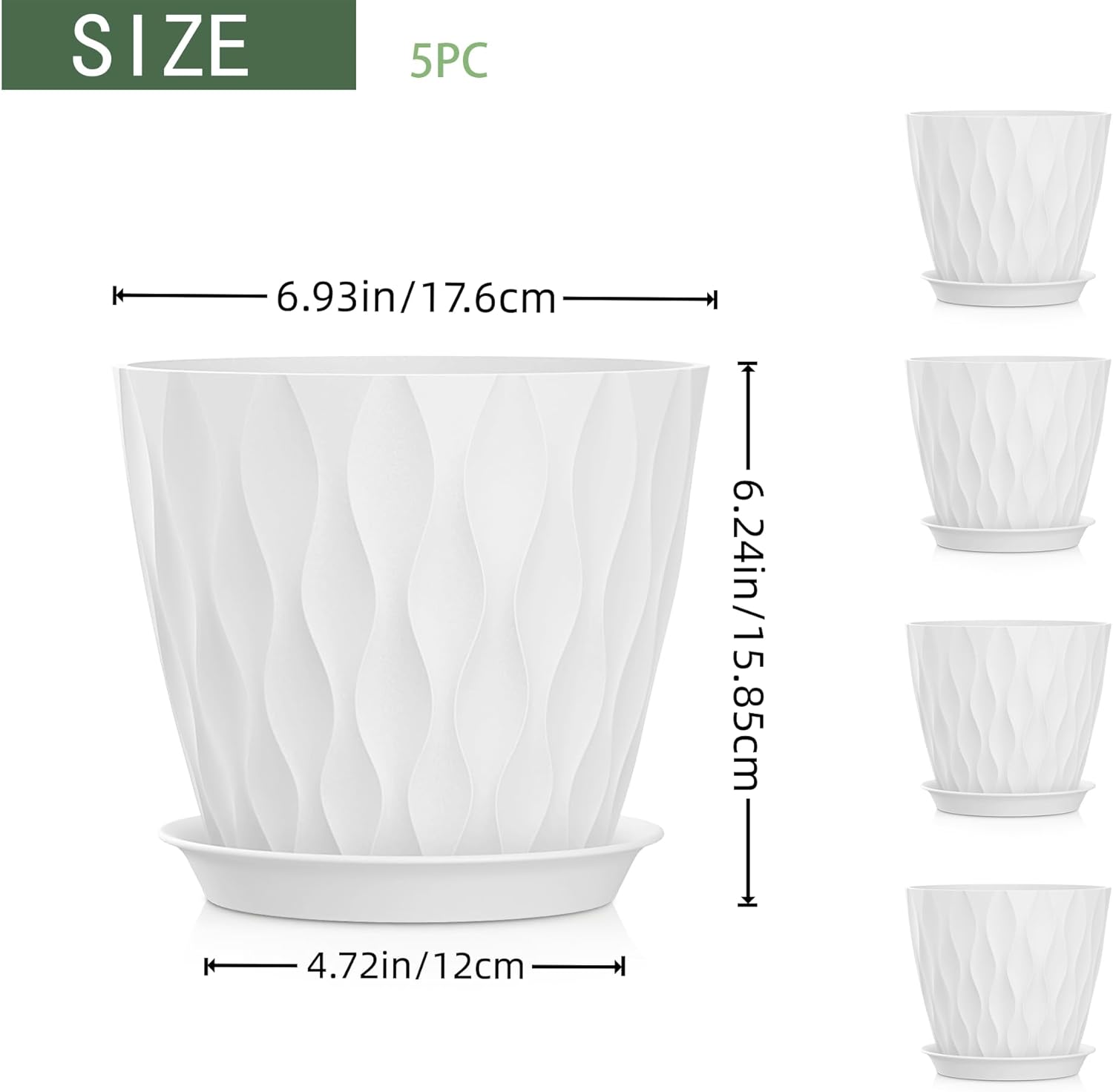 7 Inch Plant Pots 5 Pack, Flower Planters with Drainage Holes and Trays,Plastic Pots for Indoor Outdoor Plants,White