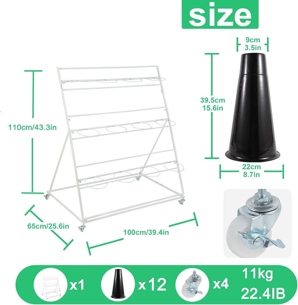 Flower Display Stand with Buckets, 3 layers Metal Plant Stand with Wheels, Moving Florist Bouquet Shelf for Fresh Flower Shop, for Patio Garden, Living Room, Outdoor Flower Pop-Up Events (White Frame - Black Bucket)