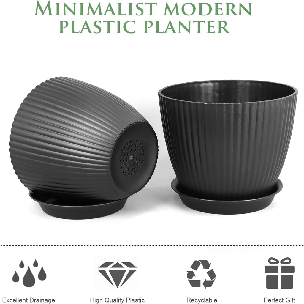 7/6.2/5.5/5/4.5/4 inch Flower Pots, 6 Pack Plant Pots for Small Indoor Outdoor Plants, Plastic Planters with Drainage Holes and Saucers for Garden Succulent House Plants, Black