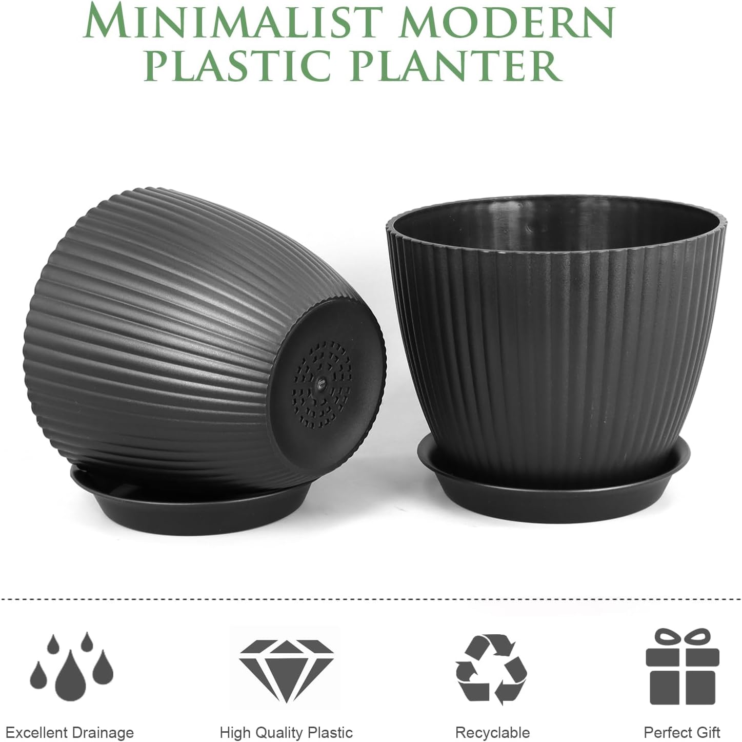 7/6.2/5.5/5/4.5/4 inch Flower Pots, 6 Pack Plant Pots for Small Indoor Outdoor Plants, Plastic Planters with Drainage Holes and Saucers for Garden Succulent House Plants, Black