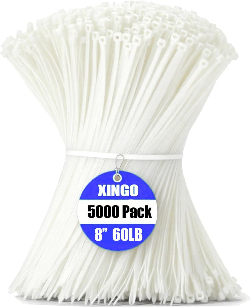 XINGO 5000 PCS White Zip Ties 8 Inch, 60 LBS Tensile Strength, Self-Locking Nylon Plastic Nylon PA66 Wire Ties for Indoor and Outdoor Use