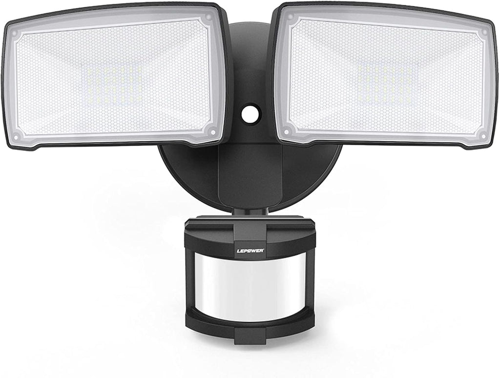 LEPOWER LED Security Lights Motion Sensor Light Outdoor, 30W 3200LM Motion Security Light, 5500K, IP65 Waterproof, 2 Head Motion Detector Flood Light for Garage, Yard, Porch, Black (Not Solar Powered)