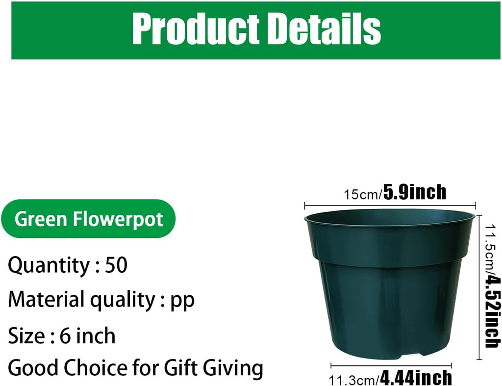50 Pack 6 Inch Nursery Pots, Planting Grow Plastic Flower Pots, Thick Planters with Drainage Holes for Outdoor/Indoor Plants Succulent Herb (Green)