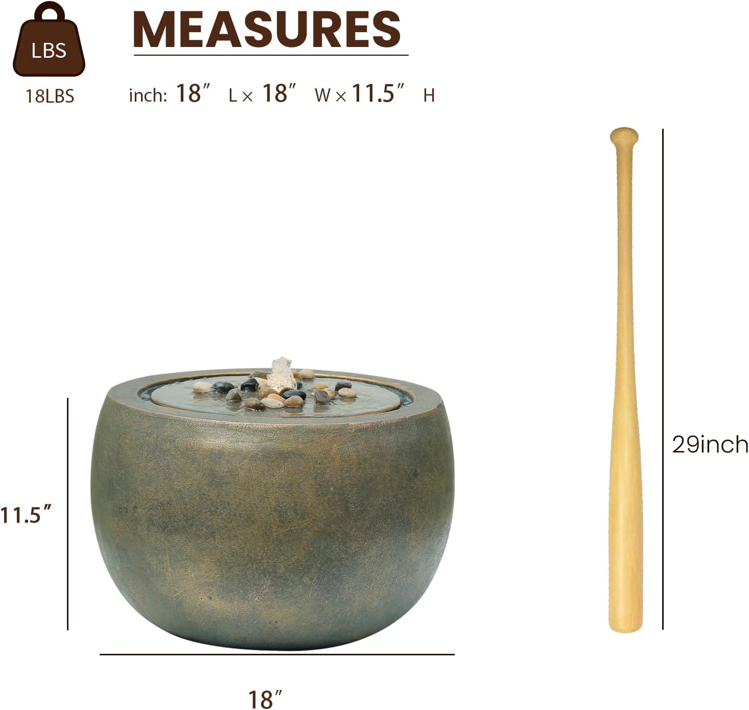 Garden Water Fountain Outdoor Bubbler Water Feature Indoor with Lights & Pump and Pebbles Waterfall Fountains Concrete Effect for Patio Deck Yard Home Decor Gold, 18 "L x 18" W x 11.5" H